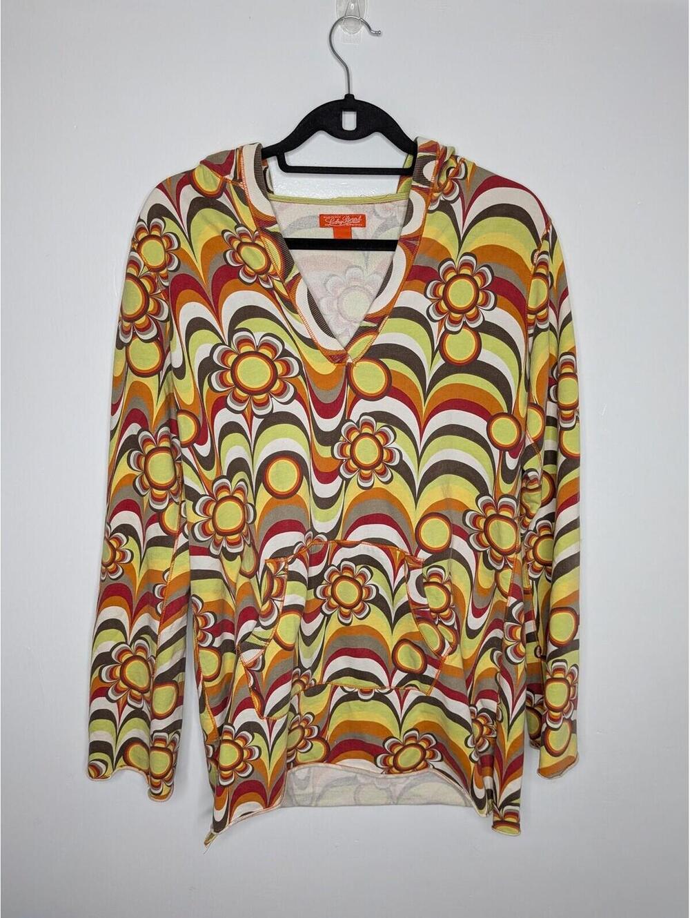 Lucky Brand T-Shirt Womens Small Multicolor Floral Hooded Tunic Retro Boho